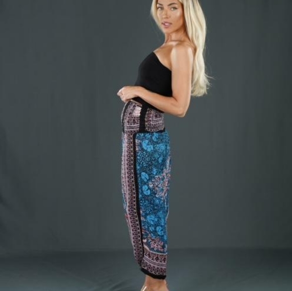 Brand New Hippie Boho Blue Multicolor Print Harem Pants - Picture 3 of 4